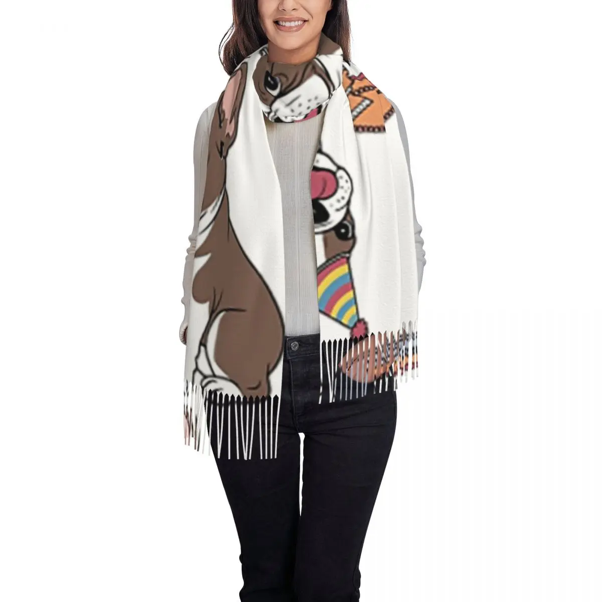 Bufanda de pastel de cumpleaños de Bulldog Francés, bufandas con borlas, chales y chales suaves y cálidos para mujer, chal largo para Otoño e Invierno