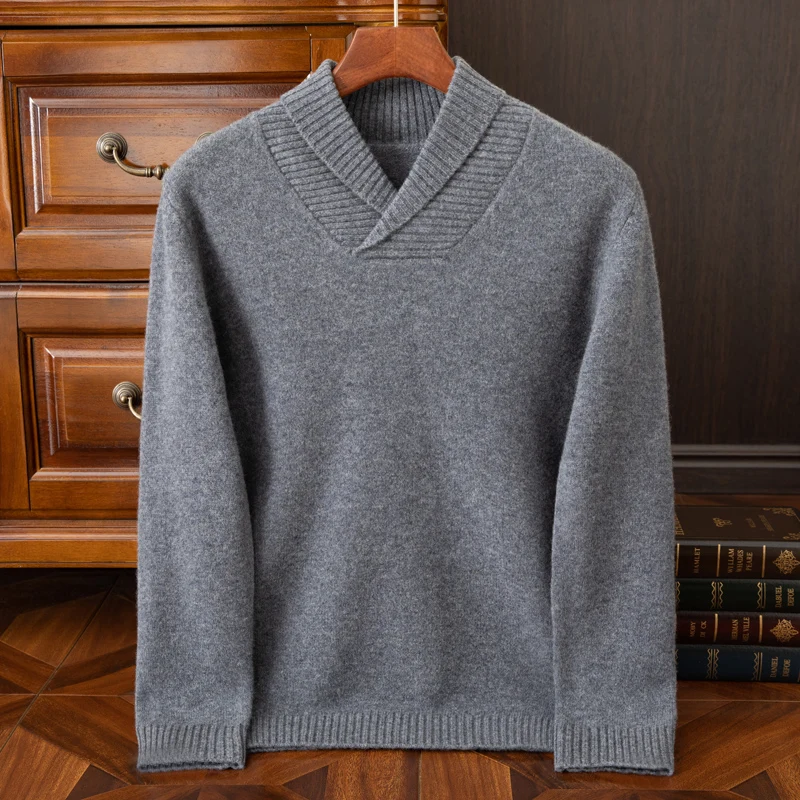 Men's Round Neck Pullover Cashmere Knit Bottoming Shirt 100% Pure Wool Loose Solid Color Casual Jacquard Sweater