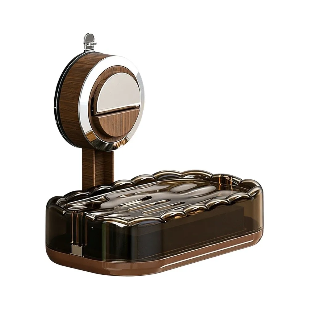 Rust Free Soap Dish with Secure Suction Base - Easy Clean Detachable Design 15x10.5x11.5cm PET Soap Box Walnut Wood
