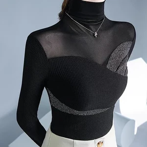 Evnisi Frauen verspottet Hals Langarmärmel Elastizität Bluse Brilliant Seidennetz Glitter Hemd Sexy Perspektive Top Frauen Frühling Herbst 8 Hauptverkaufsblusennetzhelligkeit - №8