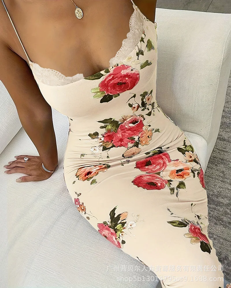 Dresses Women Long Dress Sling Sleeveless Sexy Slim Fit Lace Print Floral Sheath Vestidos V Neck Splice Backless Lady 2024