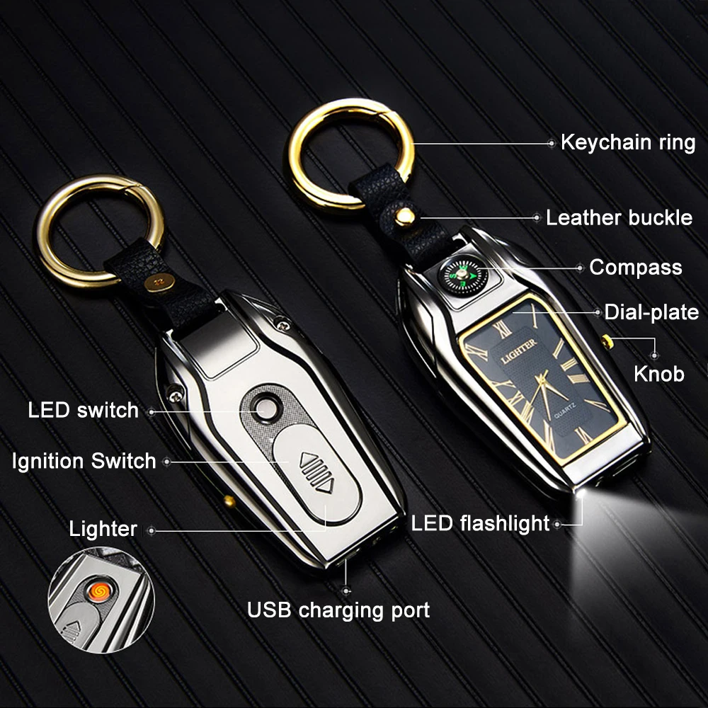 Metal Multifunctional Keychain Real Watch Tungsten Wire Ignition USB Charging Lighter Outdoor Compass Emergency Lighting Gadgets