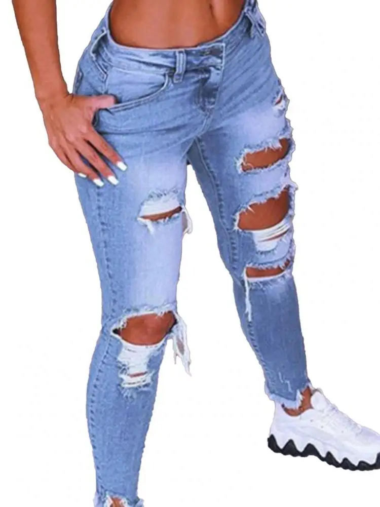 レディースファッション-ヒップホップ-デニムジーンズ-コード付き-リップド加工-破れ穴-カジュアル-ハイウエスト-トラウザーズ-春秋冬-シーズナルウェア