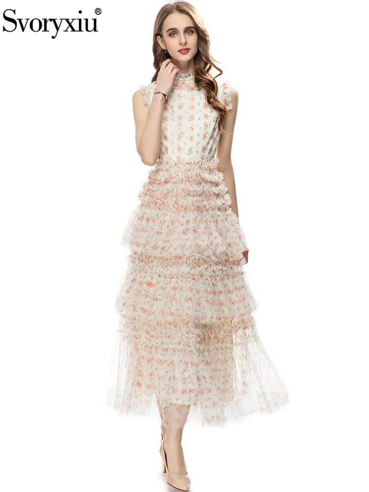 

Svoryxiu Summer Fashion Women Beach Style Sleeveless Ankle-Length Dress Print High Waist Cascading Mesh Ruffle Big Swing Dresses