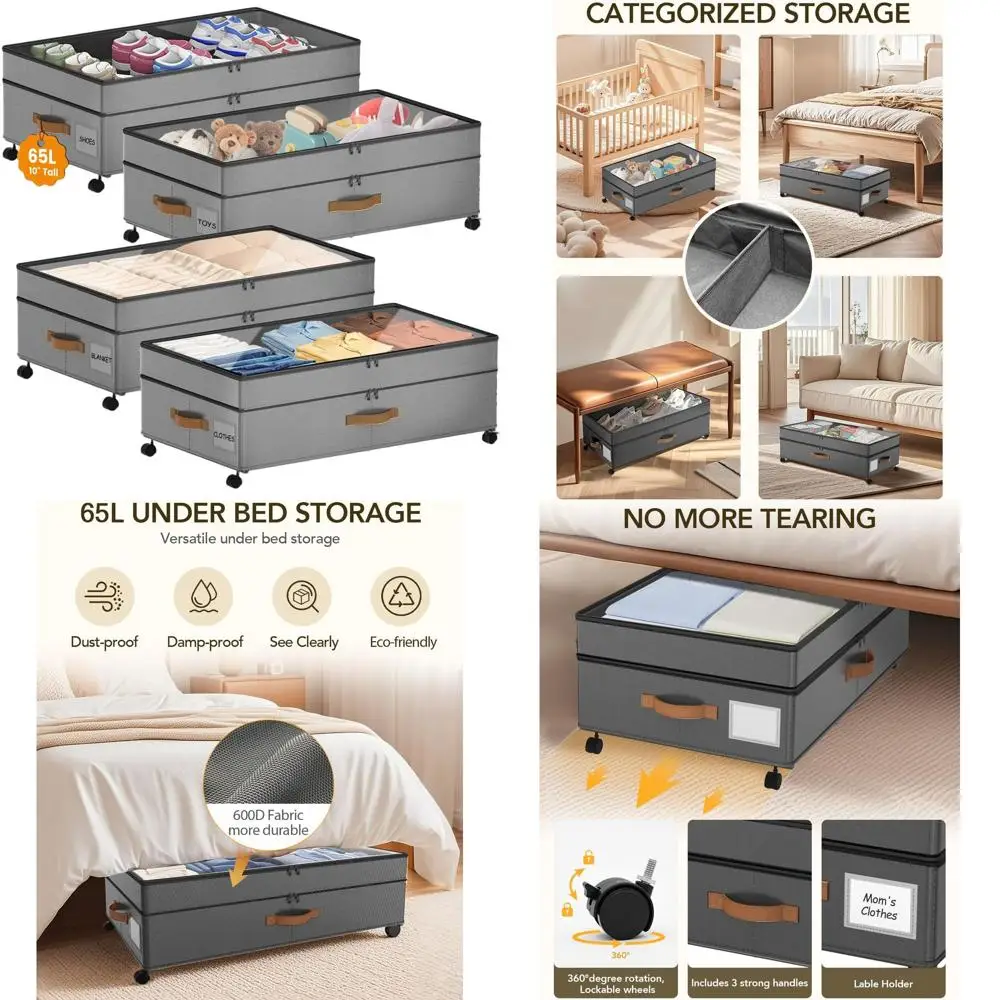 

4-Piece Underbed Storage Set with Wheels, Adjustable Height, 10 Large Rolling Containers for Shoes, Clothes, Blankets in Grey