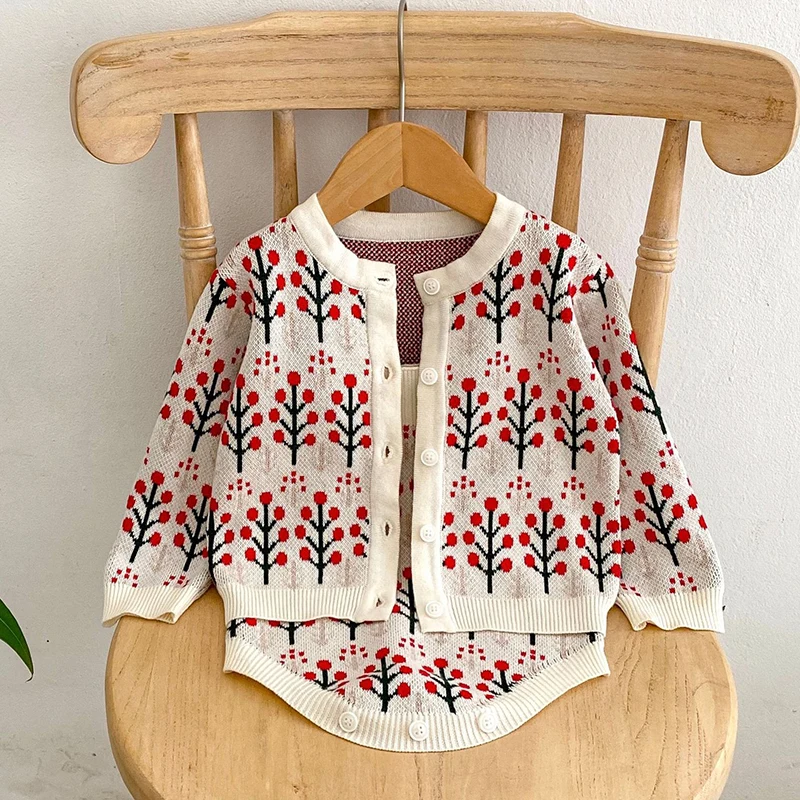 Infant Baby Girl Knitting Clothes Set Long Sleeved Floral Printed Cardigan+Jumpsuit Autumn Spring Children Knitted Clothing Suit