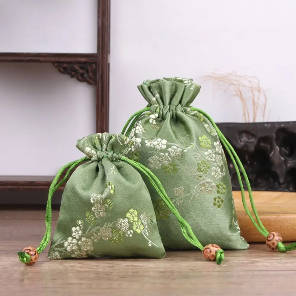 Bolsa de almacenamiento de satén suave para mujer, bolsita con cordón de flores, bolsa de dulces bordada, bolsa de regalo con cordón para niños