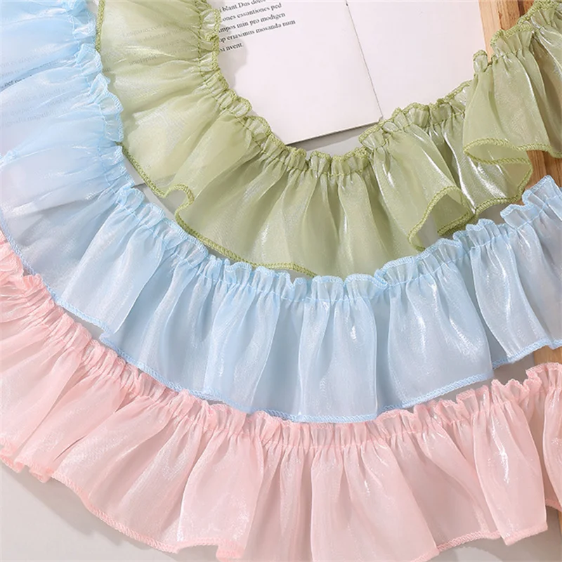 Wide Glitter Yarn Satin Ruffle Trim, tecido de renda plissado 3D, fita franjada, colar do vestido de casamento Lolita, decoração de costura DIY, 7cm