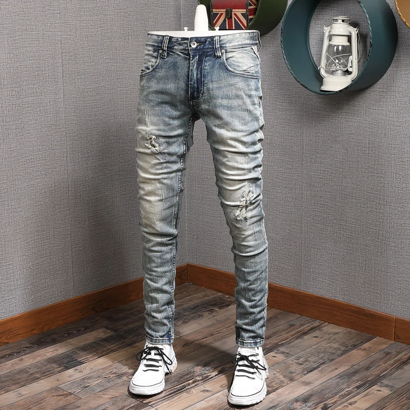 Fashion Designer Men Jeans High Quality Retro Blue Elastic Stretch Slim Fit Ripped Jeans Men Patched Vintage Denim Pants Hombre