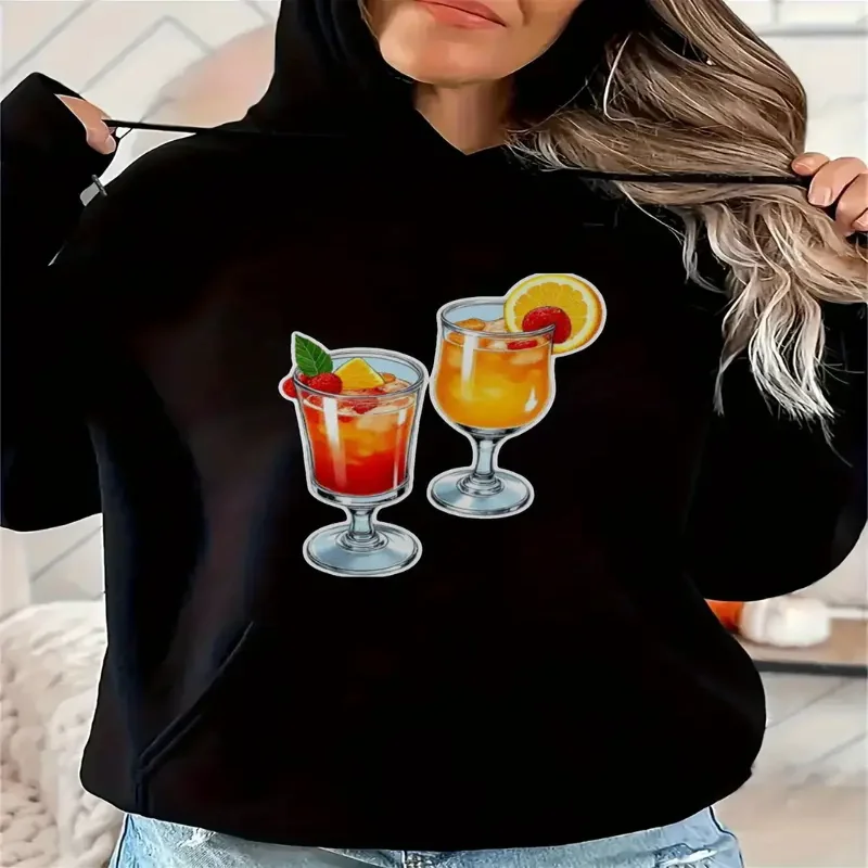 

Женская свободная толстовка с ярким коктейльным принтом, повседневный пуловер с регулируемым капюшоном на шнурке, которую можно стирать в машине, осенне-зимняя одежда