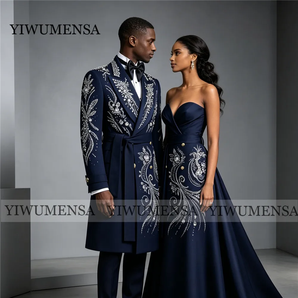 Exclusive Beaded Stones Suit Men For Wedding Double Breasted Jacket Pants 2 Piece Sets Groom Tuxedos Slim Fit Man Banquet Outfit
