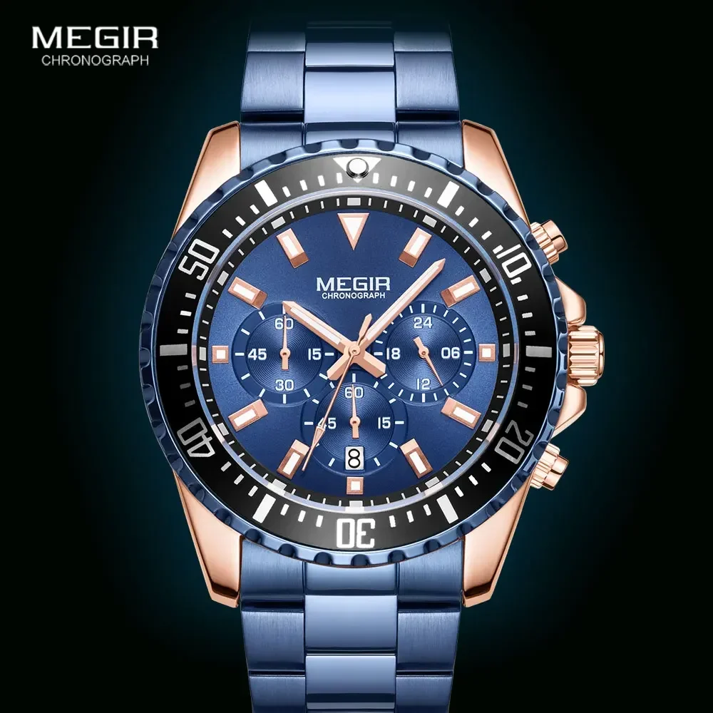 MEGIR Stainless Steel Strap Quartz Watch for Men Chronograph Blue Watches man Luminous Hand Wristwatch часы мужские montre homme