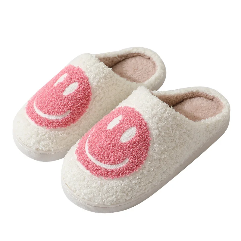 Smiling face autumn/winter furry couple cotton slippers women\'s bags cute thick soles cartoon anti slip interior for home use