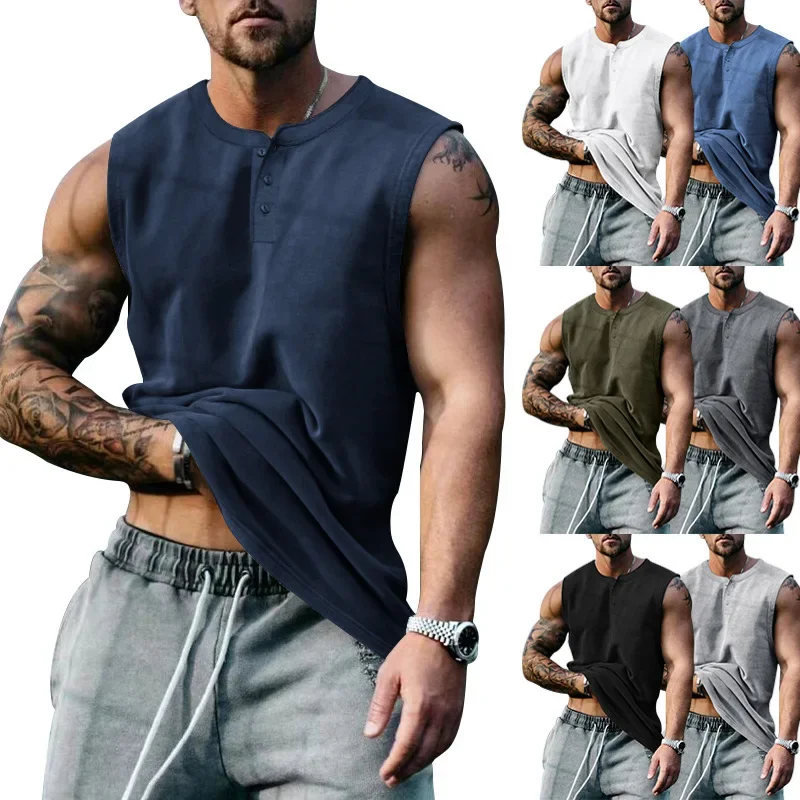 Summer Mens Youth Sports Basketball Tank Top Large Round Neck Button Up Sleeveless T-shirt Mens Kam Shoulder