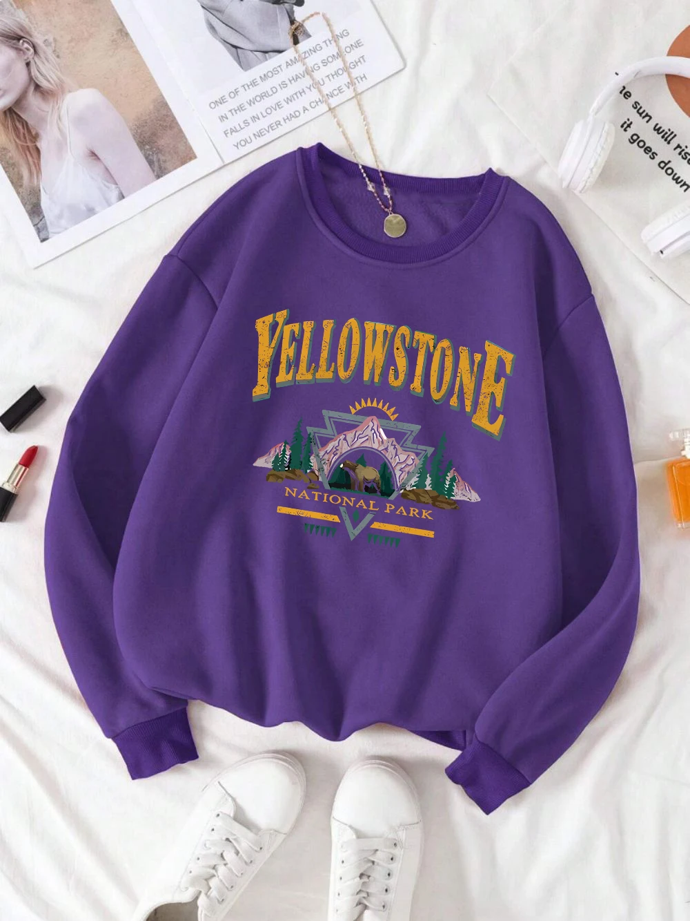 Trend Woman Sweatshirt Yellow Stone National Park Printing Pullover Crewneck Soft Breathable Hoodie Cartoons Female Streetwear