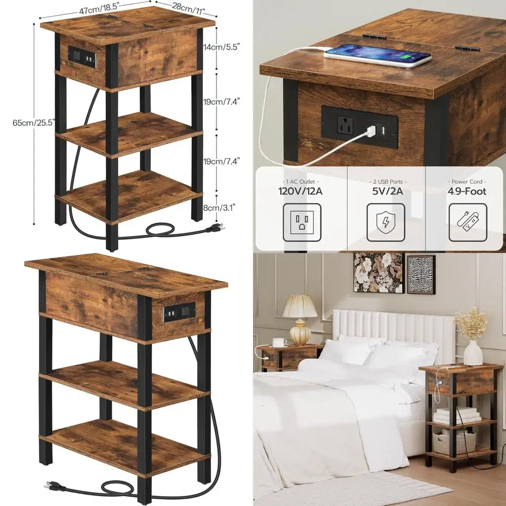 

End Table with Charging Station, Flip Top Side Table with USB Ports, Narrow Nightstand Bedside Tables with Storage Shelves, for