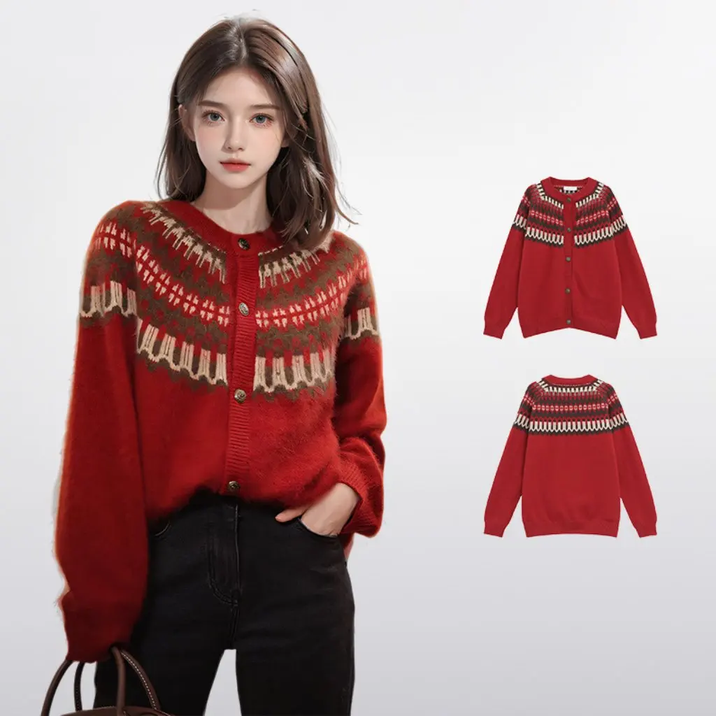 

Women's Red Fell Island Sweater Thickened Knitted Cardigan Autumn Winter Lazy Wind Raccoon Velvet New Year's Eve Fashion