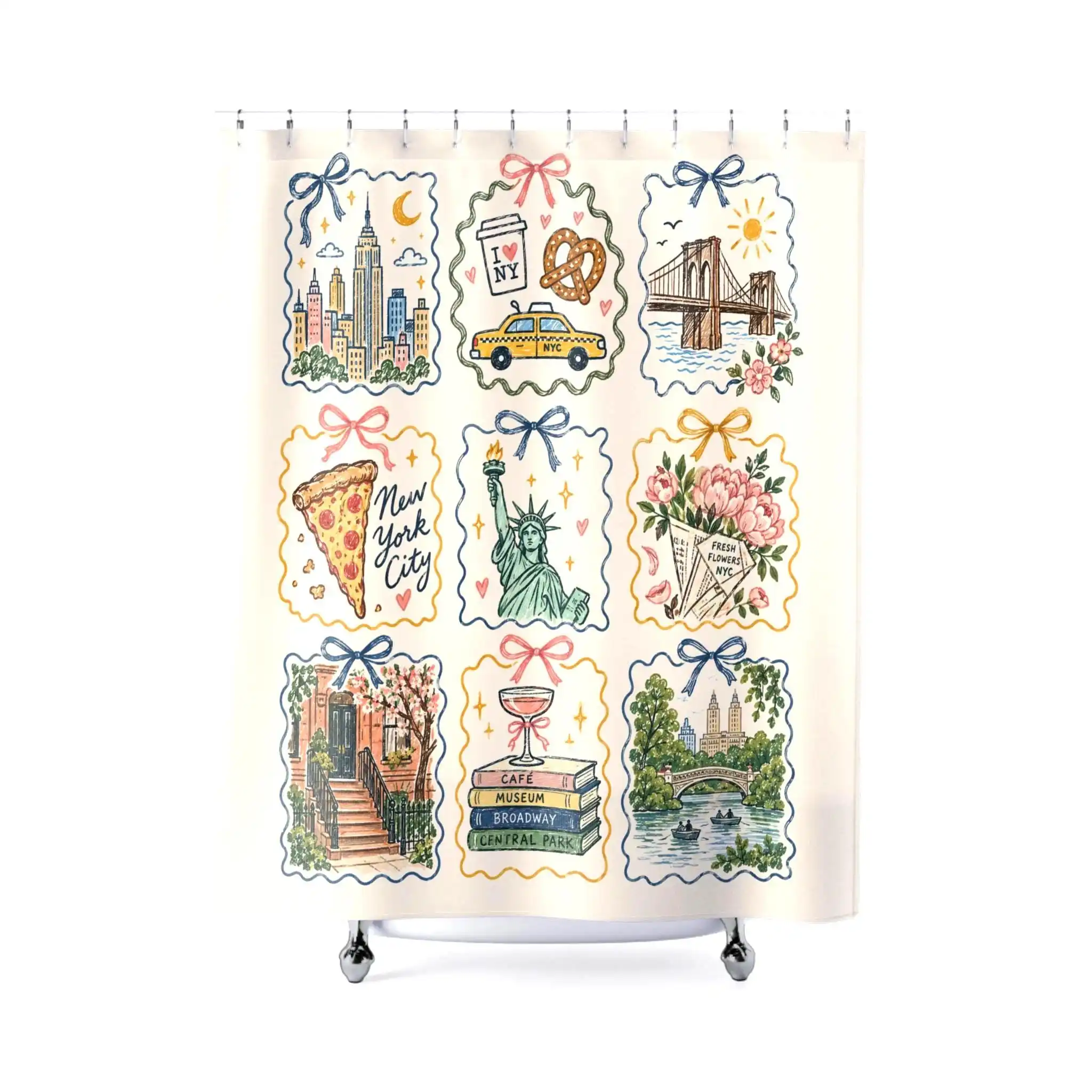 Vintage New York City Skyline Shower Curtain Bathroom Decor Art Print Subway Statue of Liberty Broadway