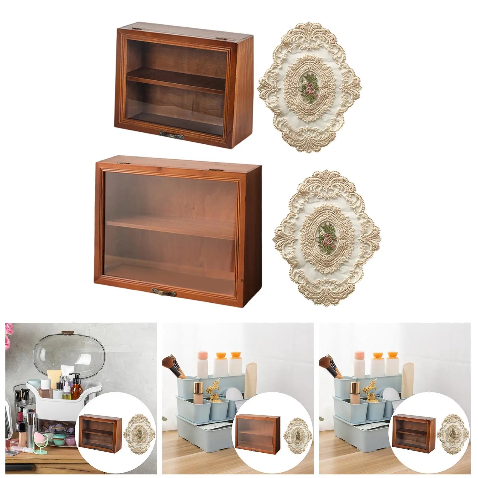 

Деревянный настольный шкафчик для хранения, пылезащитная витрина в винтажном стиле с откидной крышкой, универсальная полка для демонстрации украшений, мелочей, для общежития