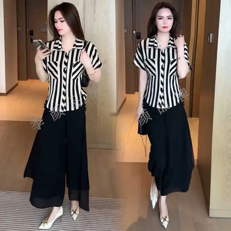 High-Grade Striped Short-Sleeved Shirt Women's Temperament Western Style Slimming All-Match Wide Leg Pants Two-Piece Set