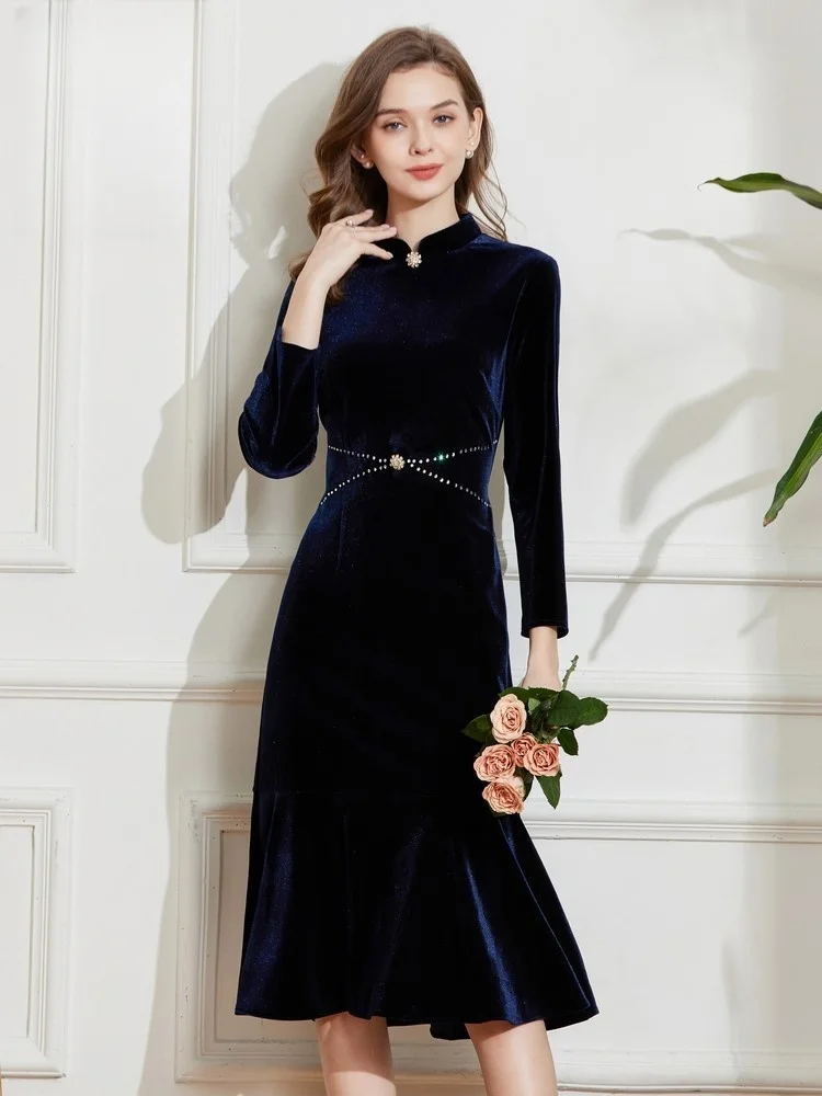

Классическое и элегантное бархатное платье с воротником-стойкой для женщин, новый дизайн, китайский рыбий хвост.