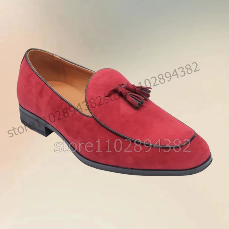 

Red Blue Brown Black Tassels Decor Flock Men Loafers Fashion Slip On Men Shoes Luxurious Handmade Party Banquet Men Casual Shoes