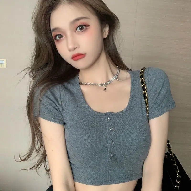 Y2K Goth Kwaii K-fashion Button T-shirt T-shirt da donna Slim maniche corte Sexy Crop Top Vintage anni '90 Tee Tshirt Donna Abbigliamento
