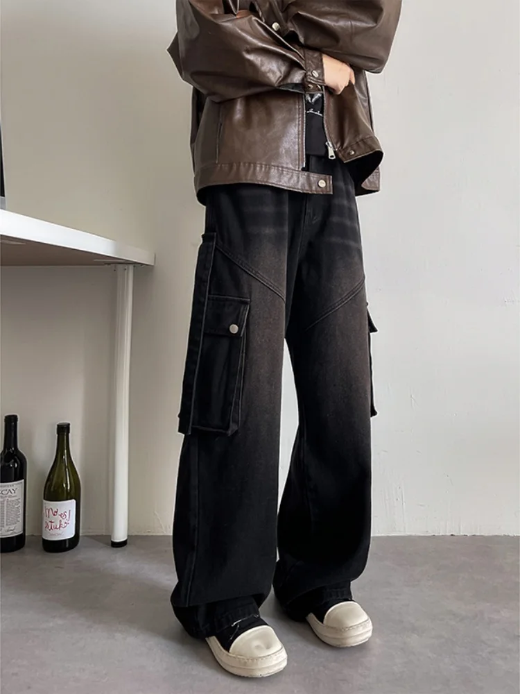 

Американские ретро-джинсы для мужчин: весенне-осенние прямые свободные брюки с широкими штанинами, подростковые, слегка расклешенные, длинные, с большими карманами