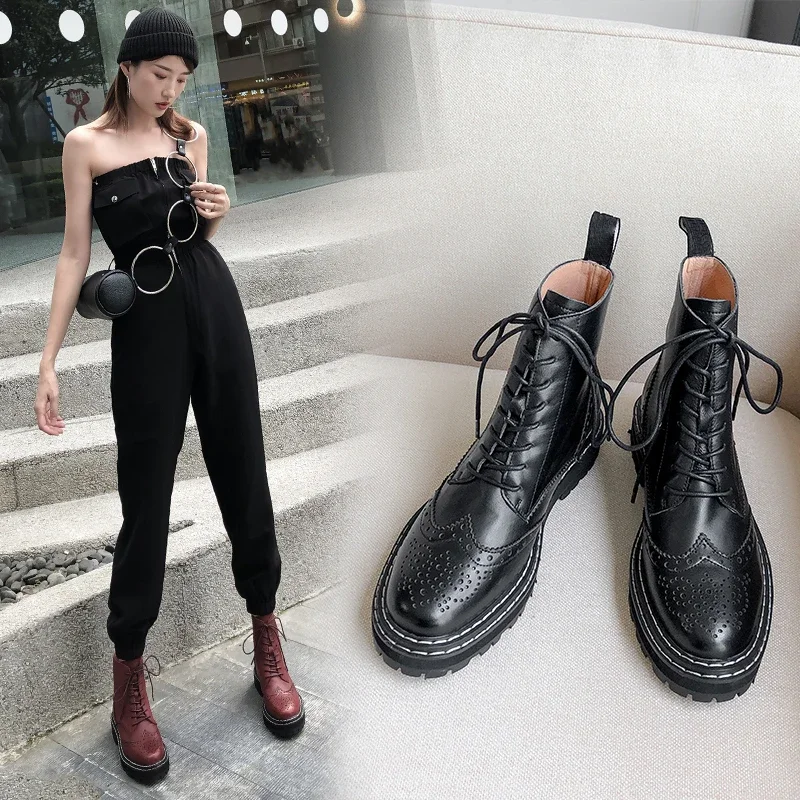 INS 2023 Women Ankle Boots Cowhide Chunky Heel Shoes Autumn Winter Ladies Shoes Lace Up Short Boots Motorcycle Woman Boots