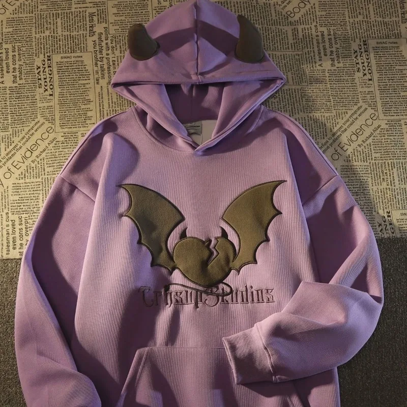 

Retro Love Bat Little Devil Horn Hooded Men Loose Versatile Long Sleeve Sweatshirts