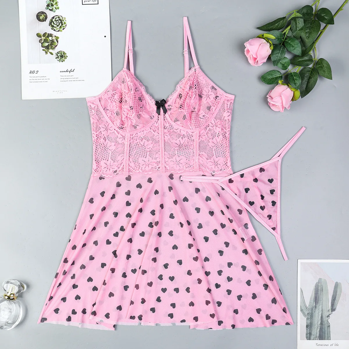Set esotico da donna in pizzo sexy trasparente con stampa a cuore, abito da notte, perizoma, set di lingerie, intimo da donna elegante, abbigliamento esotico