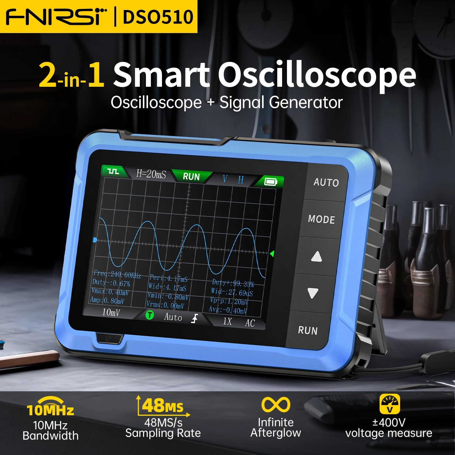 FNIRSI DSO510 New 10MHz Mini Handheld Digital 2in1 Oscilloscope Signal Generator 48MS/s Sampling Rate Electronics Reparie Tools