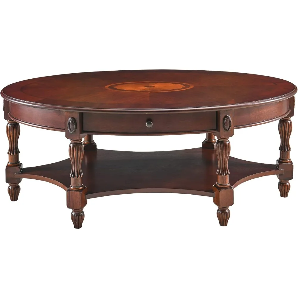 Solid Wood Coffee Table with Drawer and Storage Shelf, Traditional Living Room Cocktail Tea, Oval   Vintage 46\'\'Lx 29\'\'Wx18.2\'\'H