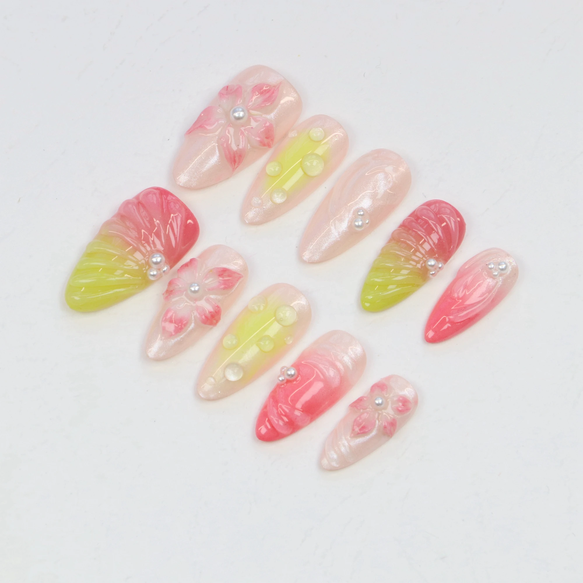 10pcs Custom Design 3D Press Flowers Handpainted nails,Dreamy FreeStyle Y2K Gel Fake Nails for Birthday Vacation Holiday Cute