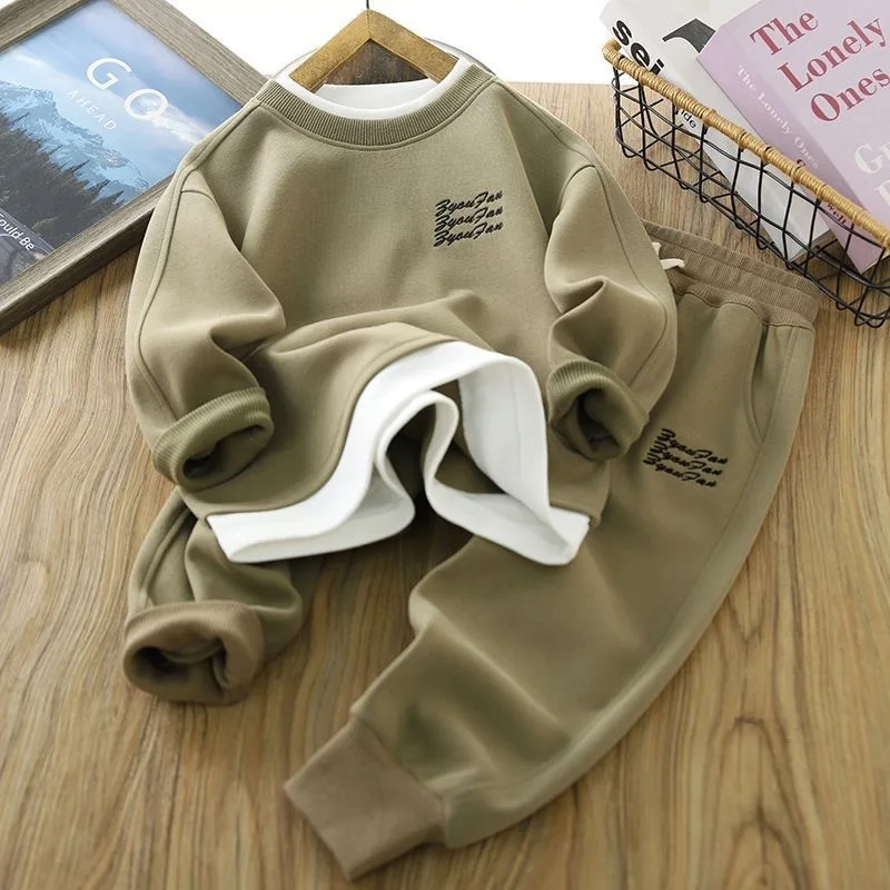 4 5 6 8 10 12 14 Years Boys Clothing Set Spring Autumn New Fake Two Pieces Sweatshirt+Pants 2Pcs For Teen Boys Casual Tracksuit