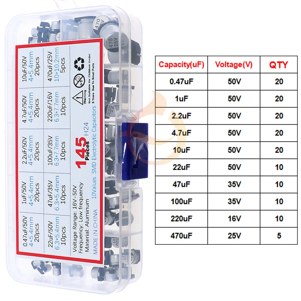 kit-de-capacitores-eletroliticos-smd-com-145-pecas-10-valores-047uf-470uf-16-50v