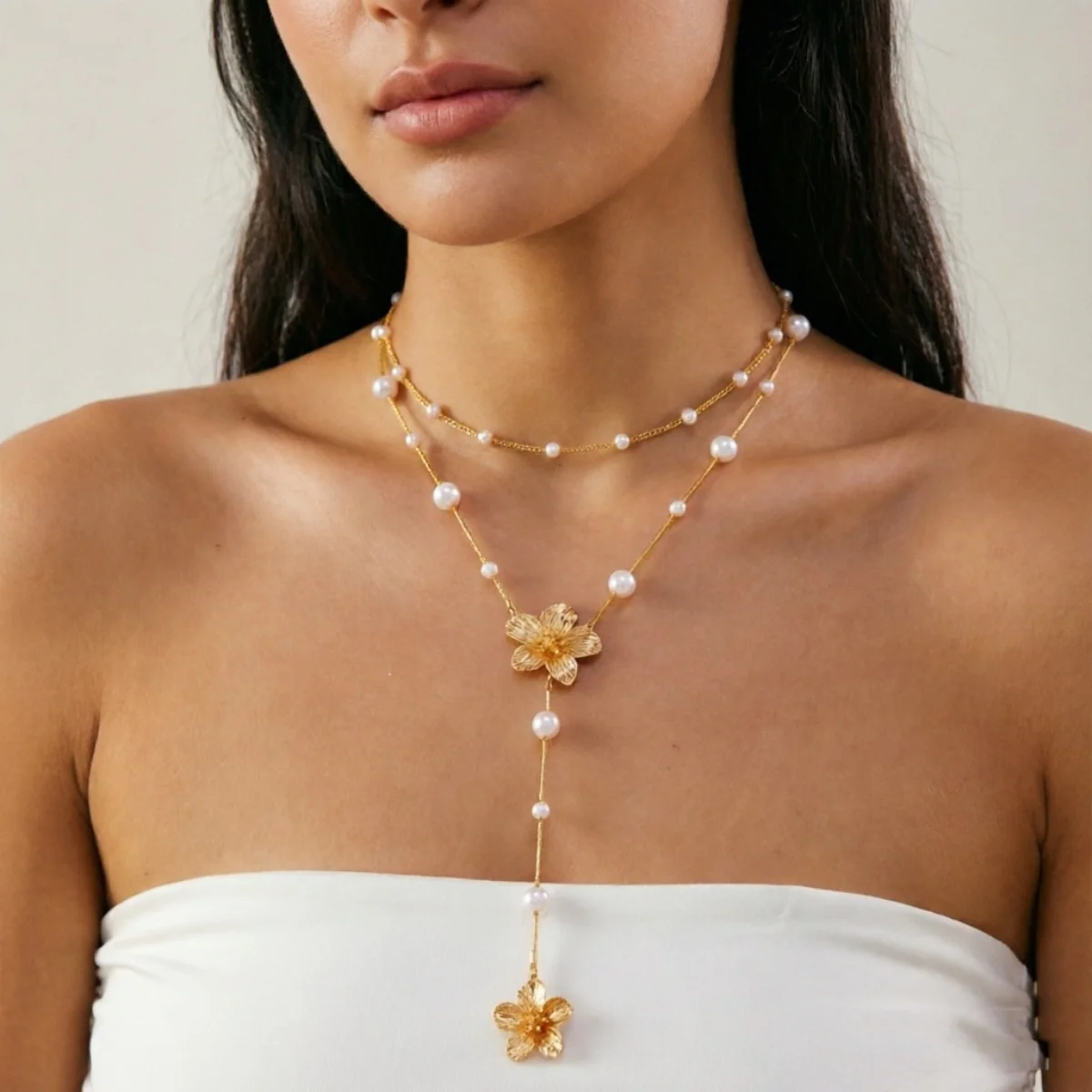 Französische Ästhetik Simulierte Perlenblumen-Anhänger-Halskette für Frauen Eleganter Metall-Blumen-Y-förmiger Choker Hochzeitsschmuck – Detail 19