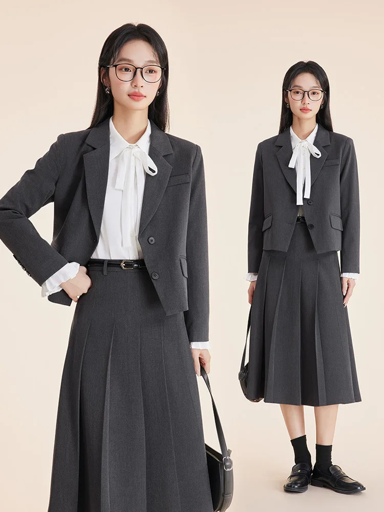 

Серый короткий блейзер для женщин, весенне-осенний, подходит для миниатюрных учителей, студенток колледжей, для официальных собеседований.