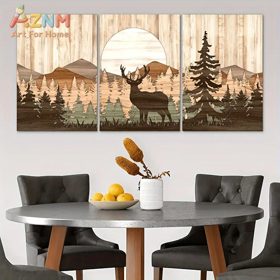 AZNM Forest Deer Mountain Canvas Wall Art Wood Grain Style Pine Tree Sunset Landscape Frameless Canvas Painting Home Living Room