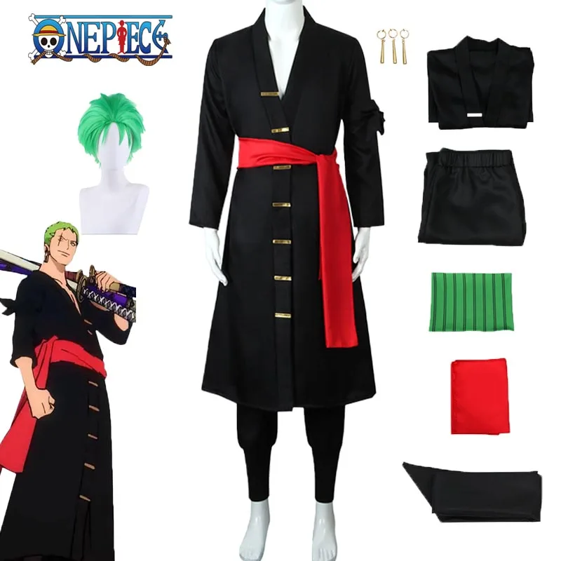 Anime Roronoa Zoro Cosplay Costume One Piece Black Uniform Kimono Wig Coat Belt Pants Suits Halloween Role Play Clothing for Men