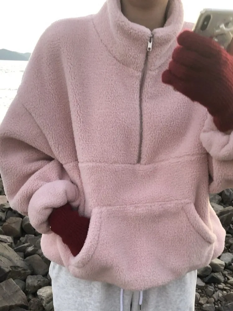 Felpa dolce calda con zip in pelliccia di agnello blu Jaet da donna Faion Lazy Sle Top marca cinese ex autunno stagionale