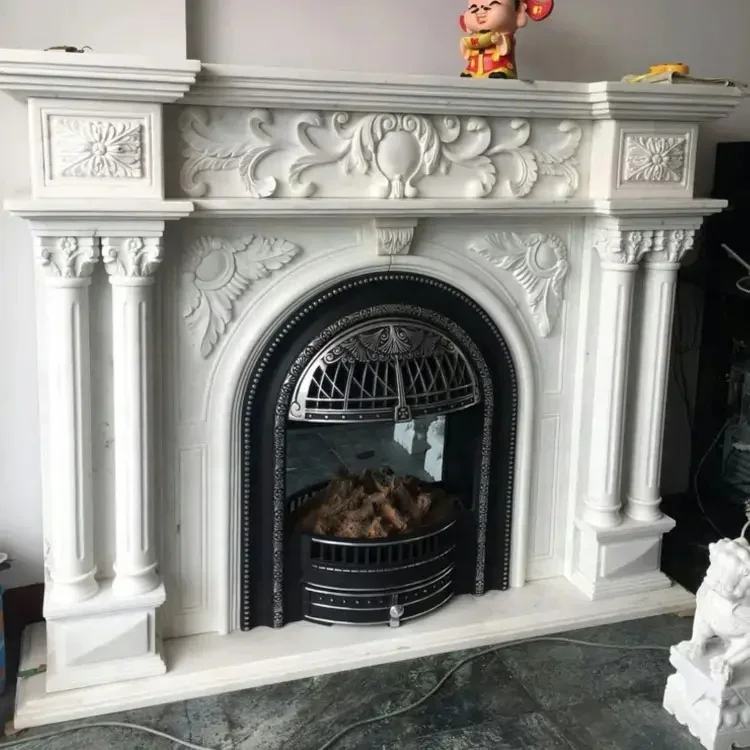 Decorative Hand Carved Modern White Indoor Stone Marble Surround Stone Fireplace Mantels