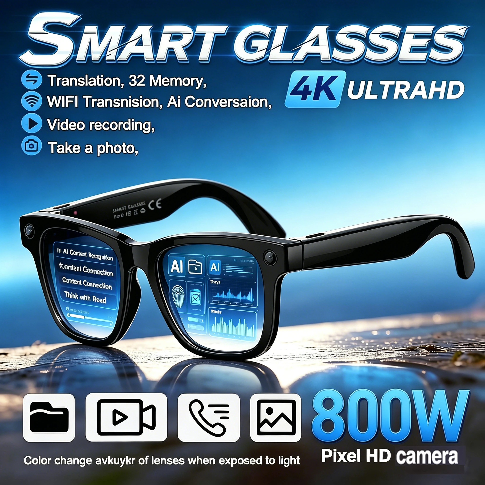 

Marsyu Smart AI Glasses Men New 4K HD 800W pixel Camera 32GB Memory 120+ Translation ChatGPT Music Shoot Photos &Video Sunglasse