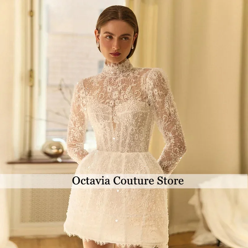 

Charming Lace Beaded With Sequin Short Wedding Dress High Neck Lone Sleeves Bridal Gown Buttons Back robe de mariée For Bride