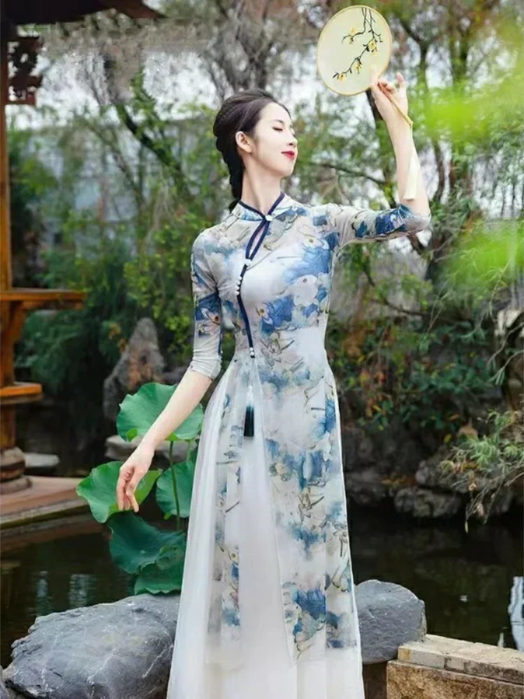 สไตล์จีนคลาสสิกเต้นรํา Cheongsam Elegant Elastic Top Dance Gauze ฝึกชาติพันธุ์ประสิทธิภาพ 3 ชิ้น