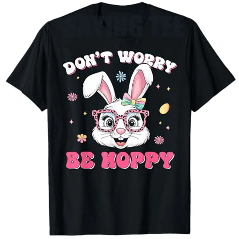 Happy Easter Groovy Bunny Face Don't Worry Be Hoppy Women T-Shirt Women's Fashion Rabbit Graphic Outfit Saying Tee Novelty Gift