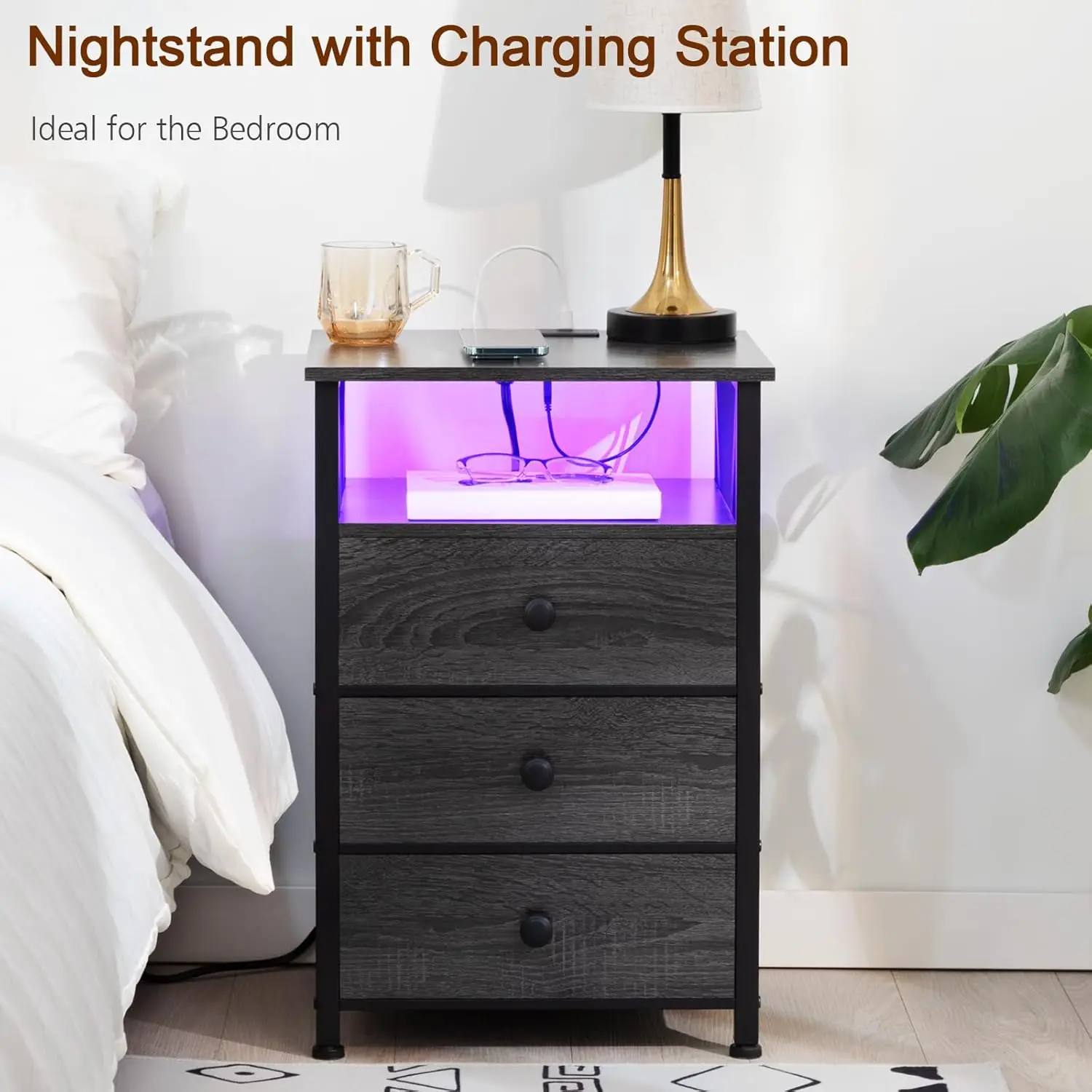 Night Stand Set 2, LED Nightstand with Charging Station, End Side Tables with USB Port & Outlet, with Fabric Drawers