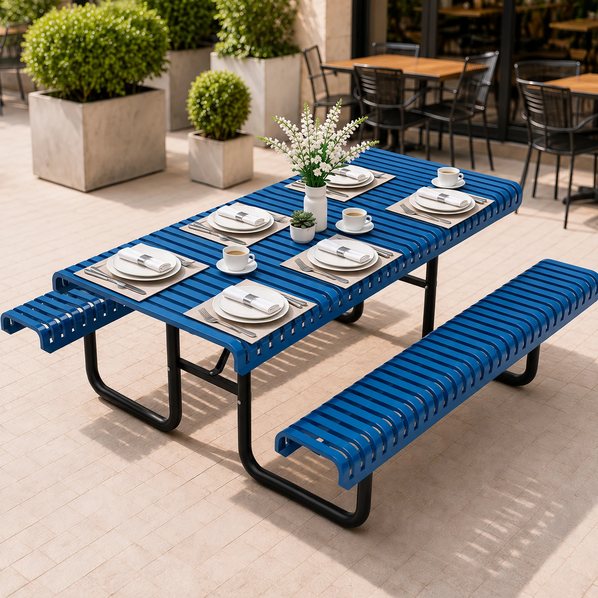 72 Inch Blue Metal Picnic Table with Benches 6 Person Outdoor Table with Umbrella Hole Heavy Duty Slatted Top for Patio Backyard Commercial Use