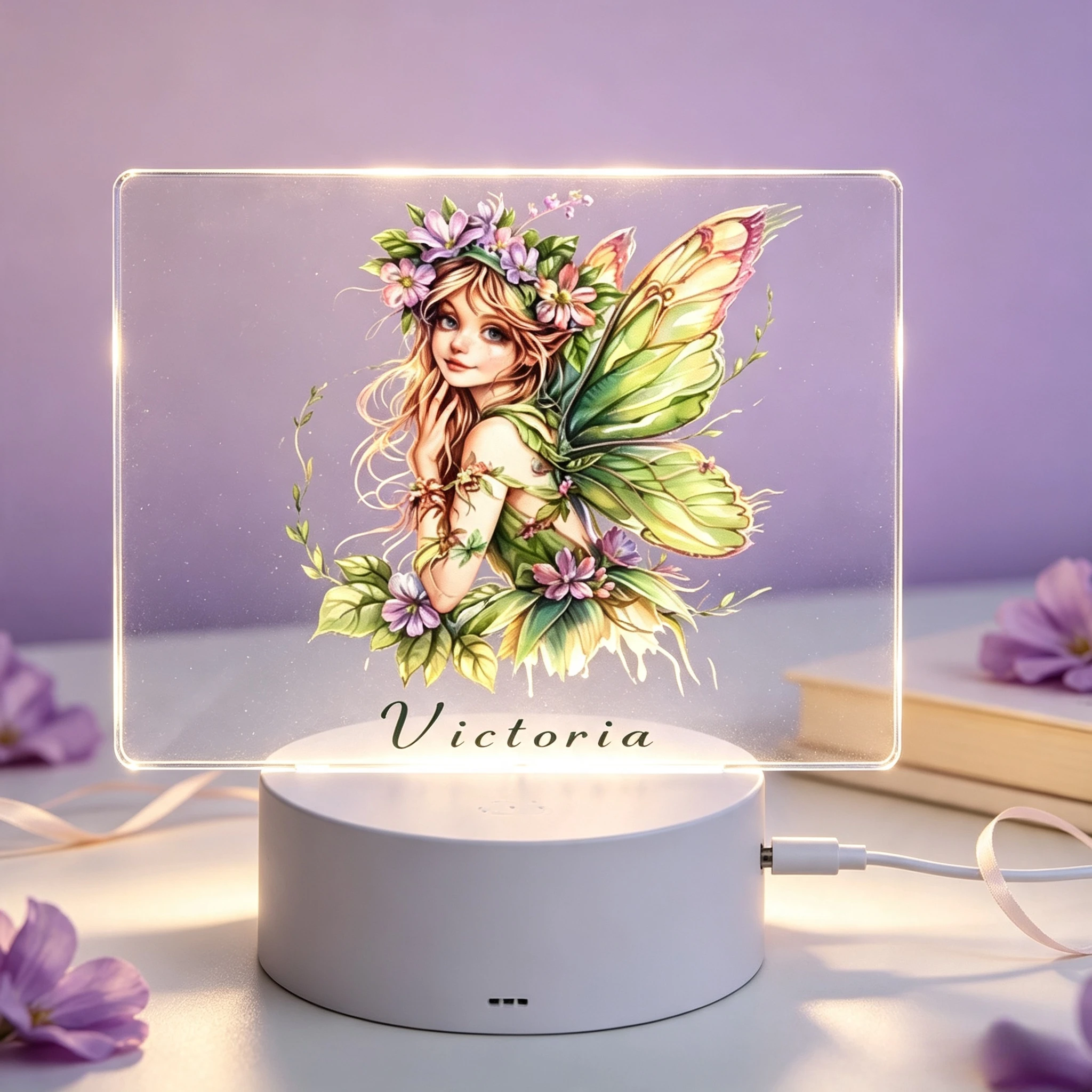 Magical Floral Fairy Acrylic Nightlight Custom Name Children Bedroom Lamp,Personalized Name Forest Fairy Square Acrylic LED Night Light For Girls