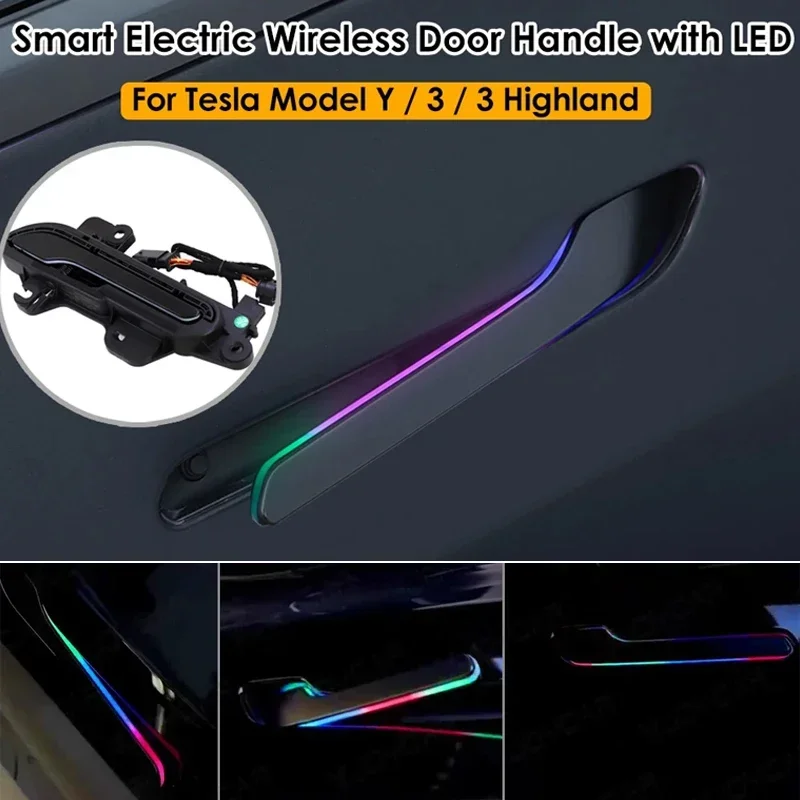 Latest Model Y Electric Smart Auto Door Handle Reduction Gear Handlebar with Colorful LED For Tesla Model 3 / 3 Highland 2024